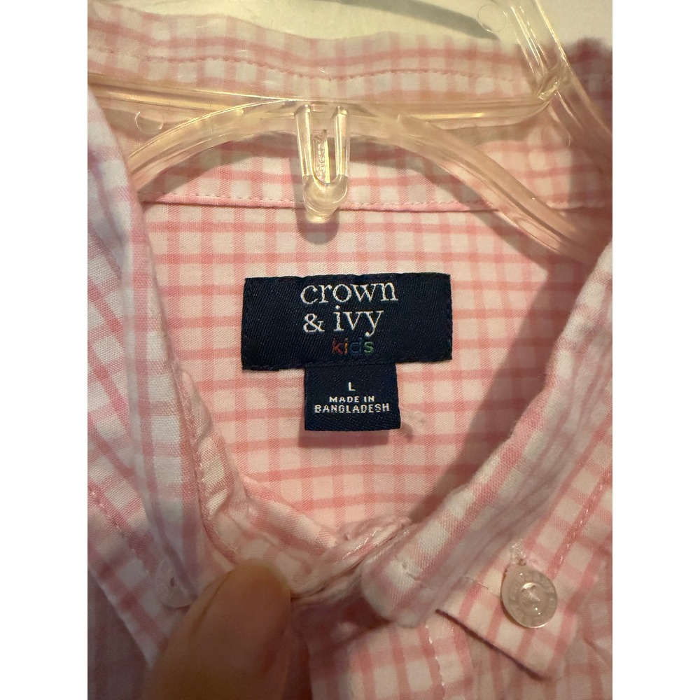 Crown & Ivy Boys Pink White Gingham Long Sleeve Button Down Shirt Size L Large - Picture 3 of 11